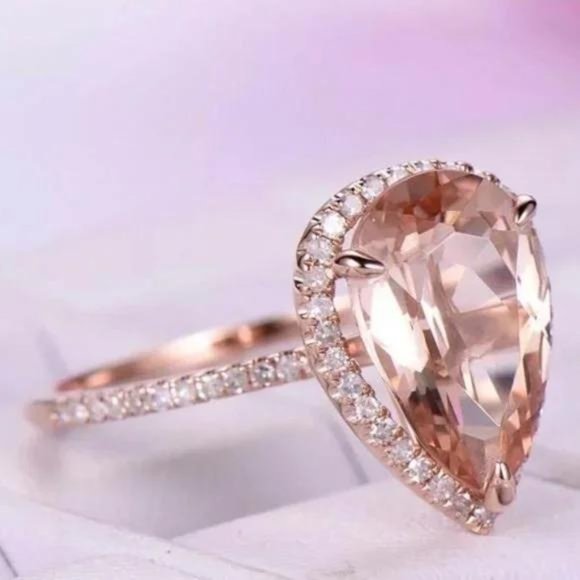 NEW 6 CARAT ROSE GOLD MORGANITE HALO RING, BEAUTIFUL RING, SHINY RING - Picture 3 of 7